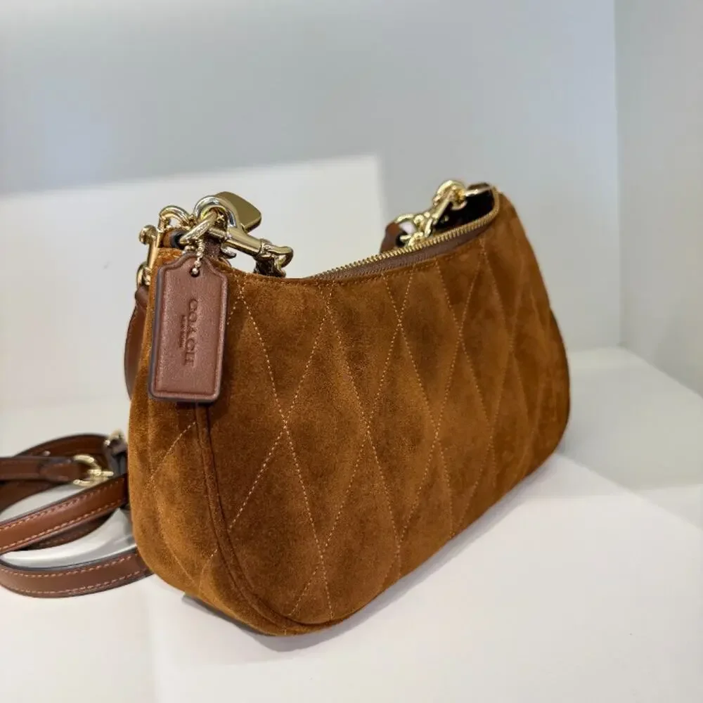 NEW‼️Coach Teri Shoulder Bag With Quilting CET35 suede/Gold/Warm Brown